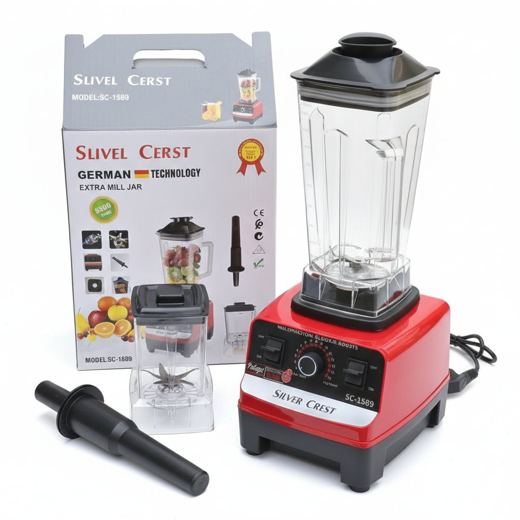 Red blender with black accents and packaging on a white background